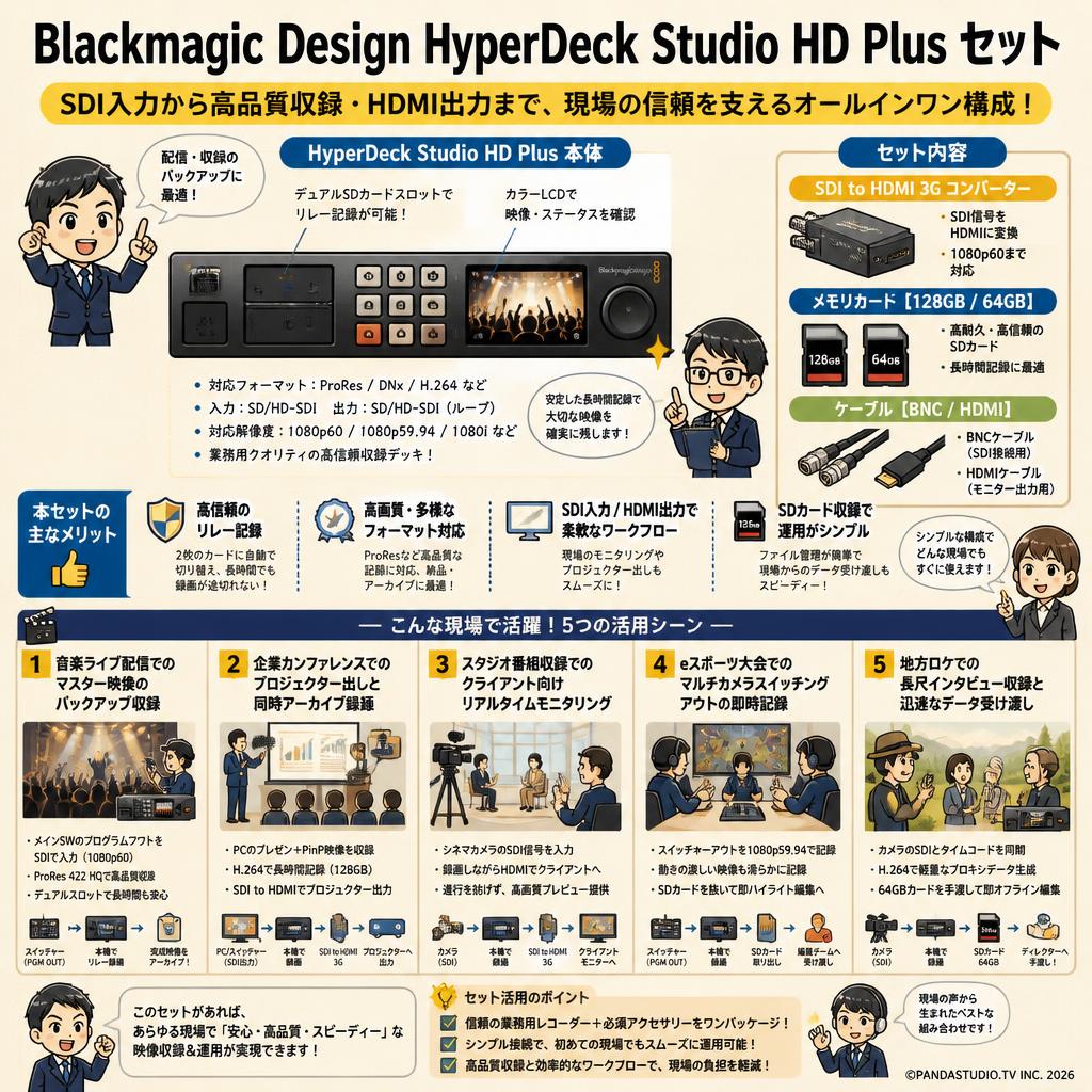 Blackmagic Design HyperDeck Studio HD Plus / SDI to HDMI 3G / メモリカード【128/64GB】/ ケーブル【BNC / HDMI】 セット 用途