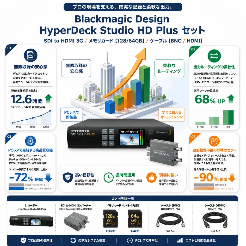 Blackmagic Design HyperDeck Studio HD Plus / SDI to HDMI 3G / メモリカード【128/64GB】/ ケーブル【BNC / HDMI】 セット セールスポイント