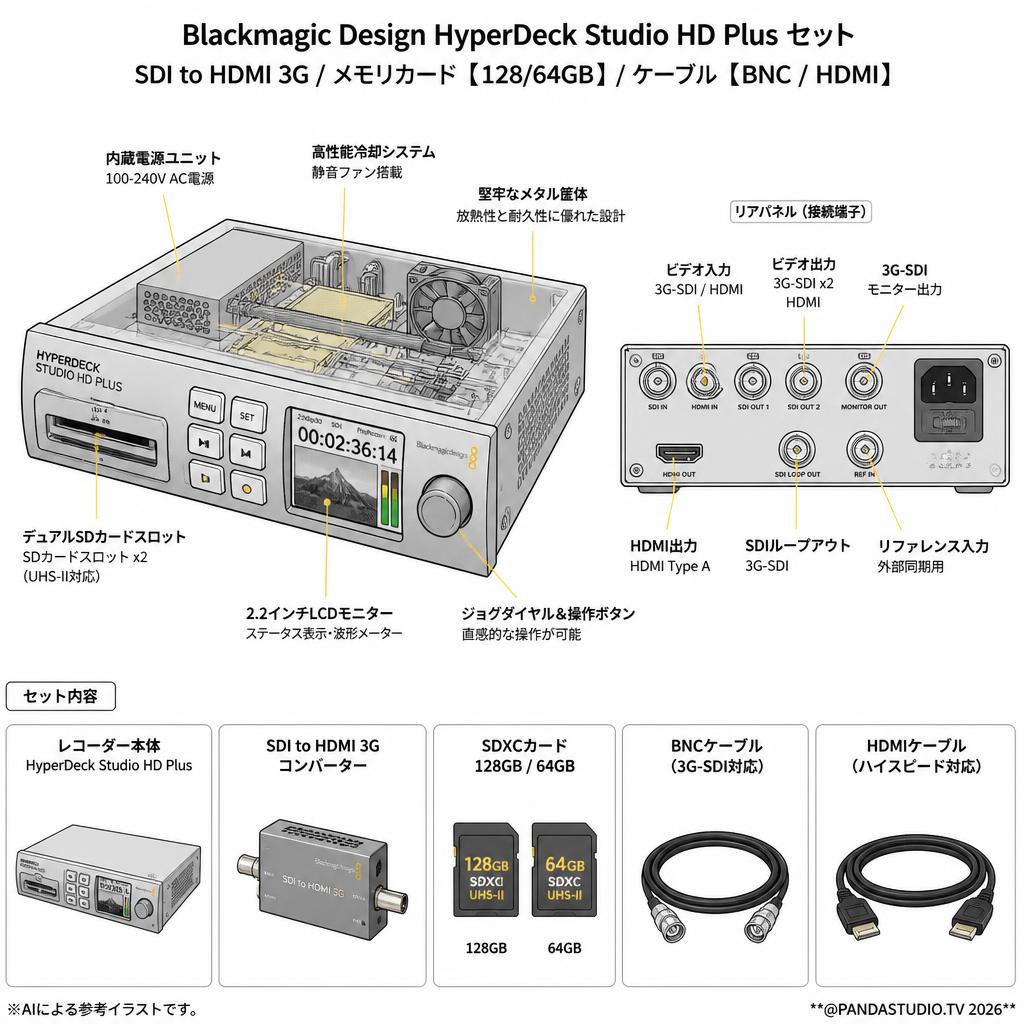 Blackmagic Design HyperDeck Studio HD Plus / SDI to HDMI 3G / メモリカード【128/64GB】/ ケーブル【BNC / HDMI】 セット スペック