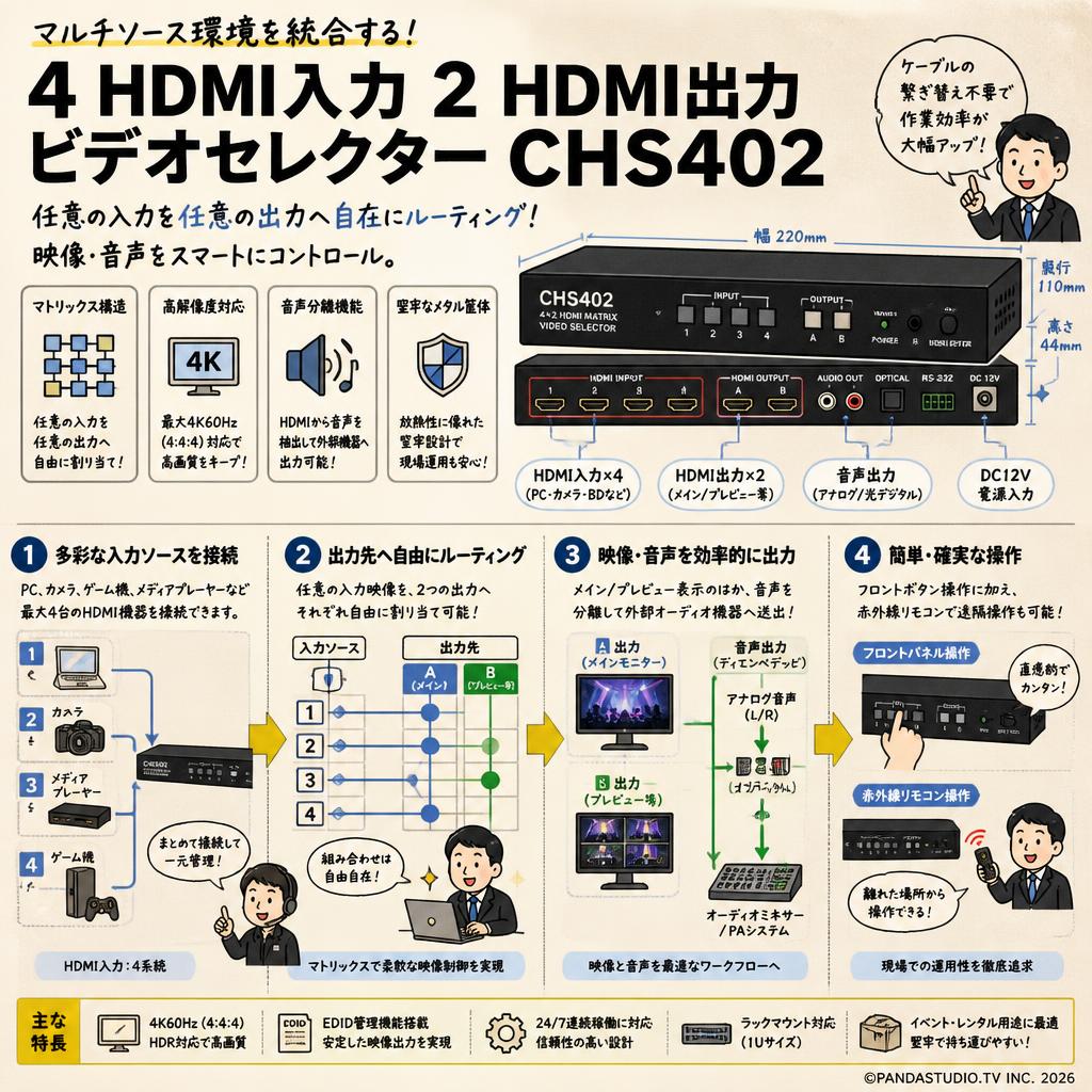 4 HDMI入力 2 HDMI出力ビデオセレクター CHS402 概要