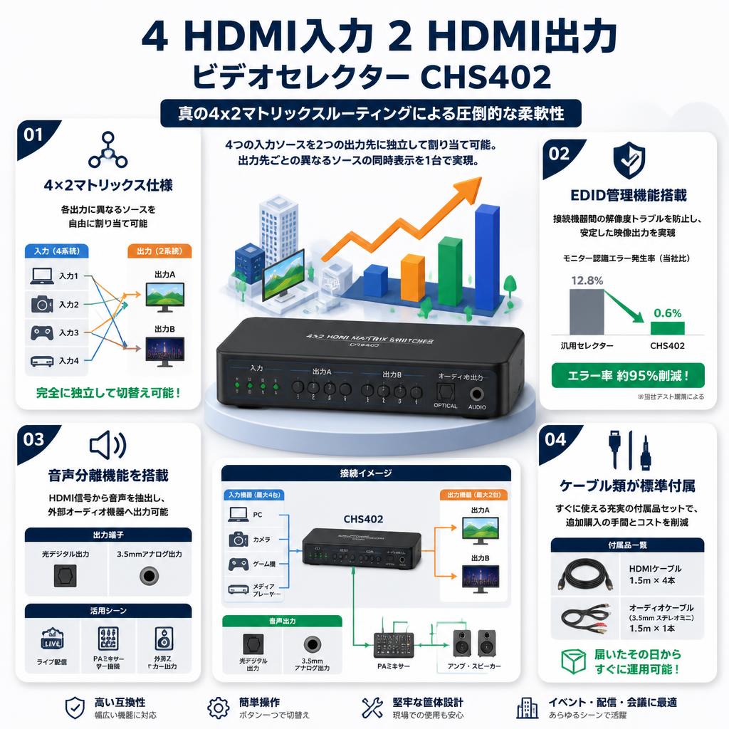 4 HDMI入力 2 HDMI出力ビデオセレクター CHS402 セールスポイント