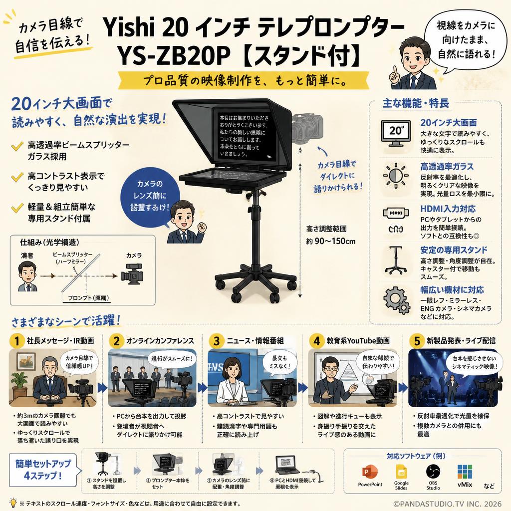 Yishi 20 インチ テレプロンプター YS-ZB20P 【スタンド付】 用途