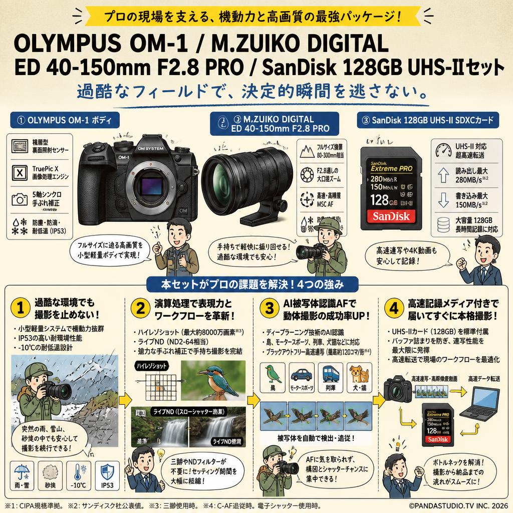 OLYMPUS OM-1 / M.ZUIKO DIGITAL ED 40-150mm F2.8 PRO / SanDisk 128GB UHS-IIセット 概要