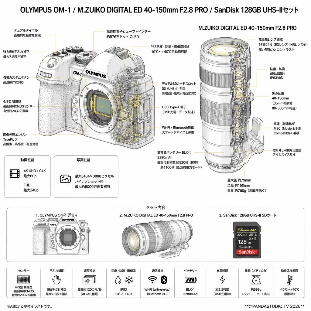 OLYMPUS OM-1 / M.ZUIKO DIGITAL ED 40-150mm F2.8 PRO / SanDisk 128GB UHS-IIセット スペック