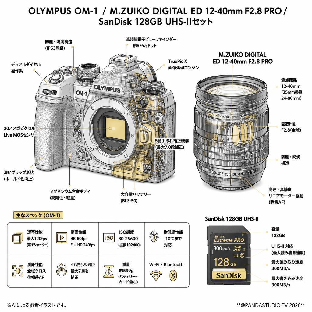 OLYMPUS OM-1 /  M.ZUIKO DIGITAL ED 12-40mm F2.8 PRO / SanDisk 128GB UHS-IIセット スペック