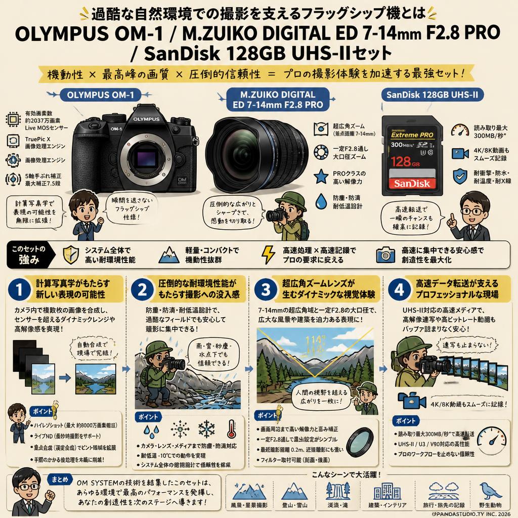 OLYMPUS OM-1 / M.ZUIKO DIGITAL ED 7-14mm F2.8 PRO  / SanDisk 128GB UHS-IIセット 概要