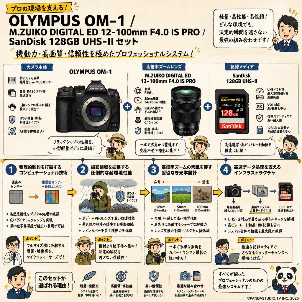 OLYMPUS OM-1 / M.ZUIKO DIGITAL ED 12-100mm F4.0 IS PRO  / SanDisk 128GB UHS-IIセット 概要