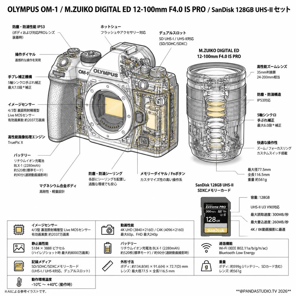 OLYMPUS OM-1 / M.ZUIKO DIGITAL ED 12-100mm F4.0 IS PRO  / SanDisk 128GB UHS-IIセット スペック
