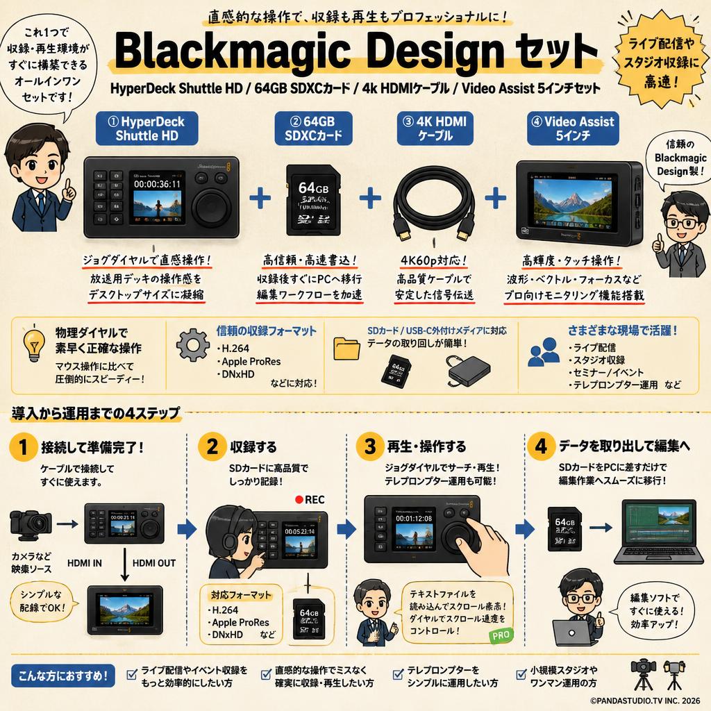 Blackmagic Design HyperDeck Shuttle HD / 64GB SDXCカード / 4k HDMI ケーブル / Video Assist 5インチセット 概要
