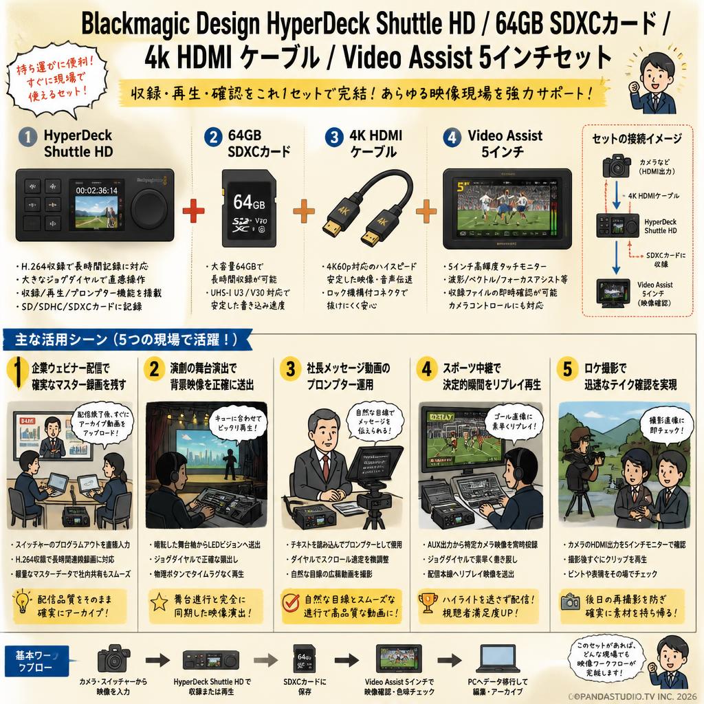 Blackmagic Design HyperDeck Shuttle HD / 64GB SDXCカード / 4k HDMI ケーブル / Video Assist 5インチセット 用途
