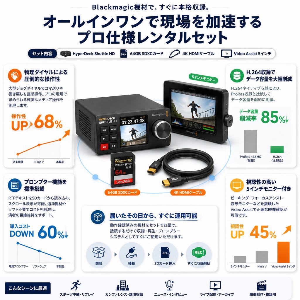 Blackmagic Design HyperDeck Shuttle HD / 64GB SDXCカード / 4k HDMI ケーブル / Video Assist 5インチセット セールスポイント