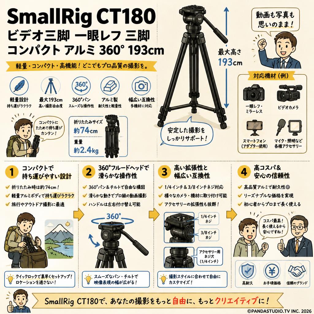SmallRig CT180 ビデオ三脚 一眼レフ 三脚 コンパクト アルミ 360° 193cm 概要