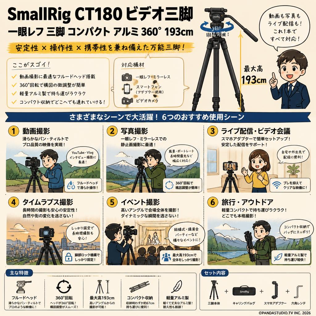 SmallRig CT180 ビデオ三脚 一眼レフ 三脚 コンパクト アルミ 360° 193cm 用途
