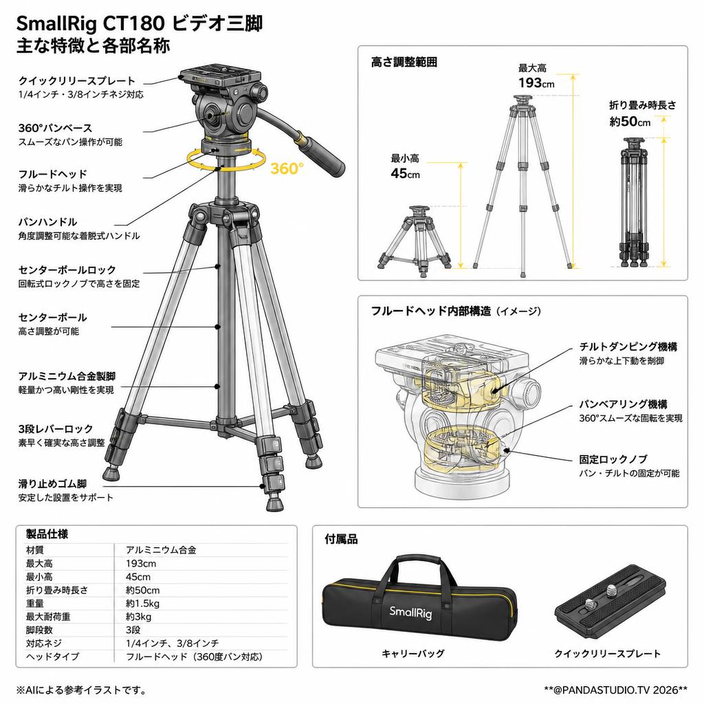 SmallRig CT180 ビデオ三脚 一眼レフ 三脚 コンパクト アルミ 360° 193cm スペック