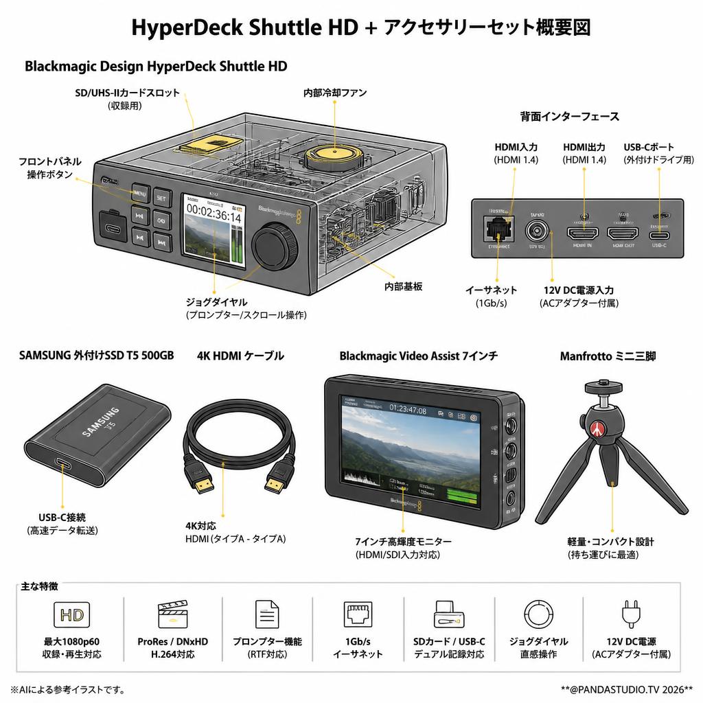 Blackmagic Design HyperDeck Shuttle HD / SAMSUNG 外付けSSD T5 500GB / 4k HDMI ケーブル / Video Assist 7インチ / Manfrotto ミニ三脚セット スペック
