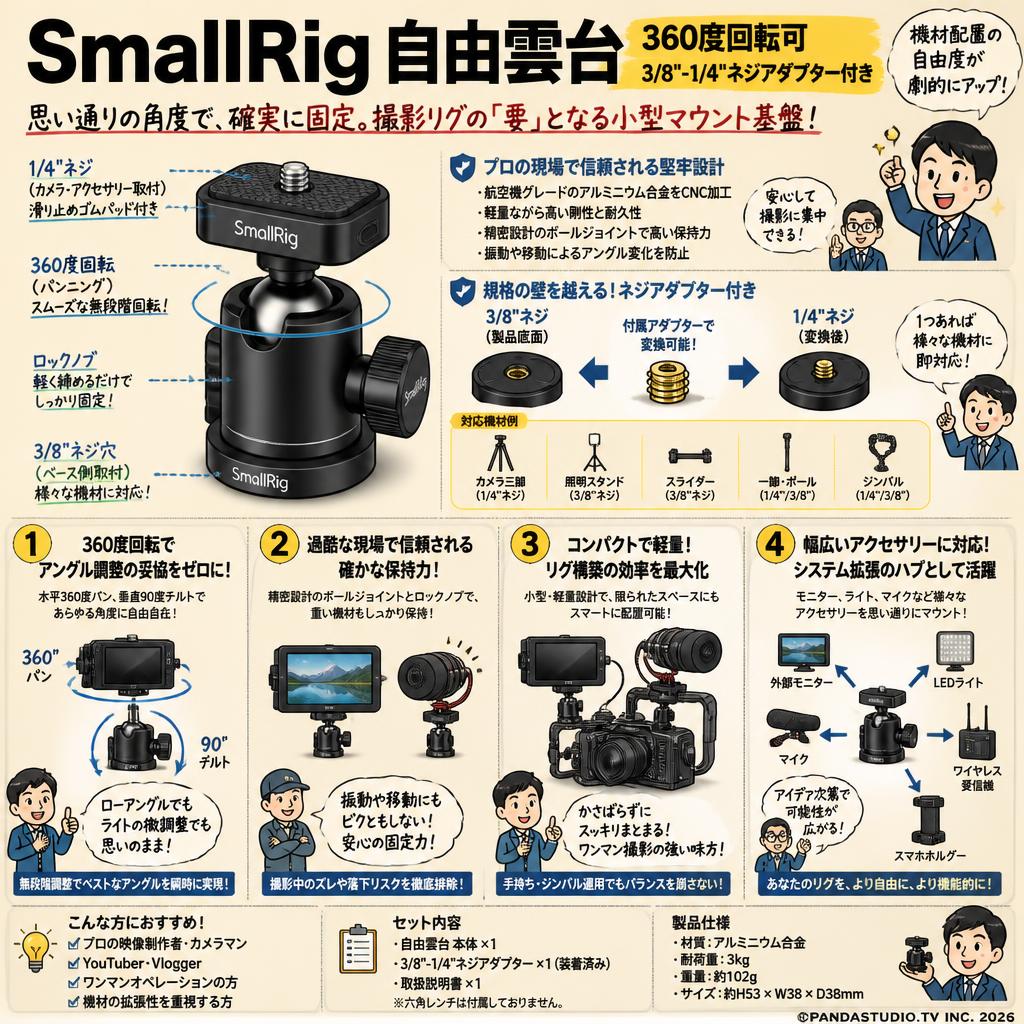 SmallRig 自由雲台 360度回転可 3/8"-1/4"ネジアダプター付き 概要