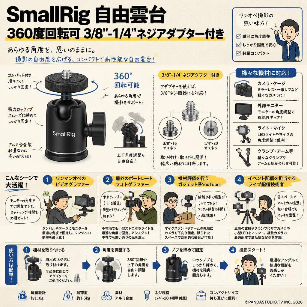 SmallRig 自由雲台 360度回転可 3/8"-1/4"ネジアダプター付き おもな対象のお客様