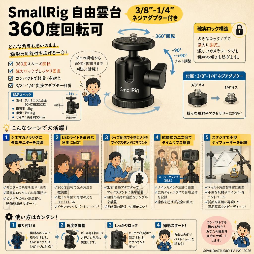 SmallRig 自由雲台 360度回転可 3/8"-1/4"ネジアダプター付き 用途