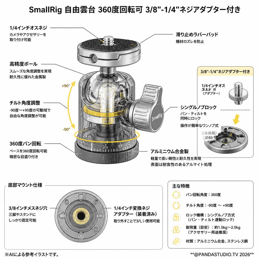 SmallRig 自由雲台 360度回転可 3/8"-1/4"ネジアダプター付き スペック