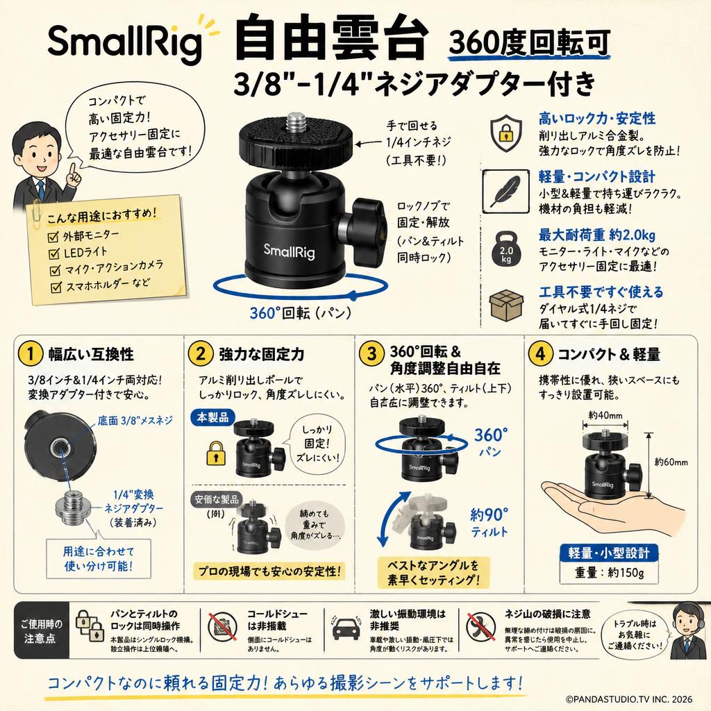 SmallRig 自由雲台 360度回転可 3/8"-1/4"ネジアダプター付き FAQ（よくある質問と答え）