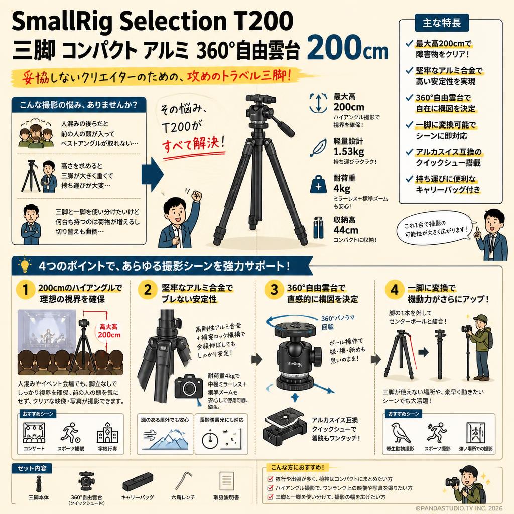 SmallRig Selection T200 三脚 コンパクト アルミ 360°自由雲台 200cm 概要