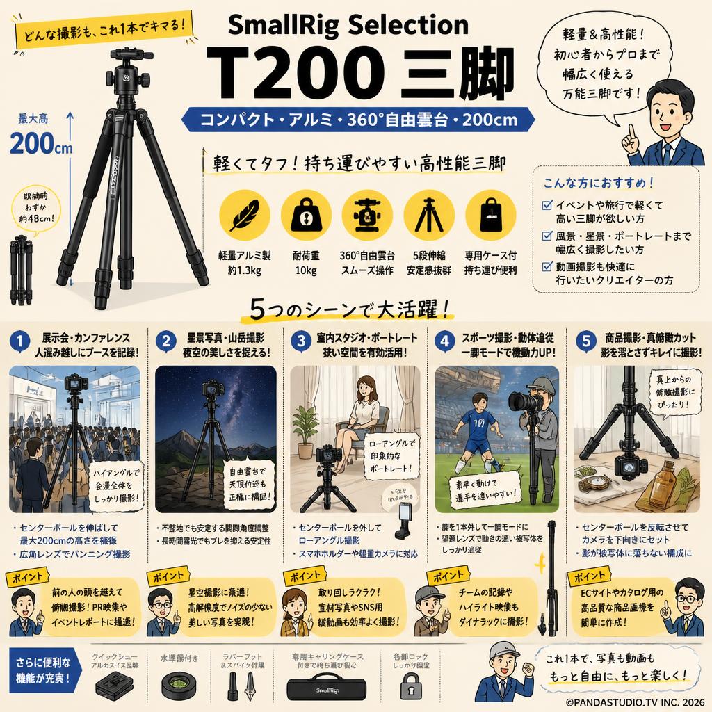 SmallRig Selection T200 三脚 コンパクト アルミ 360°自由雲台 200cm 用途
