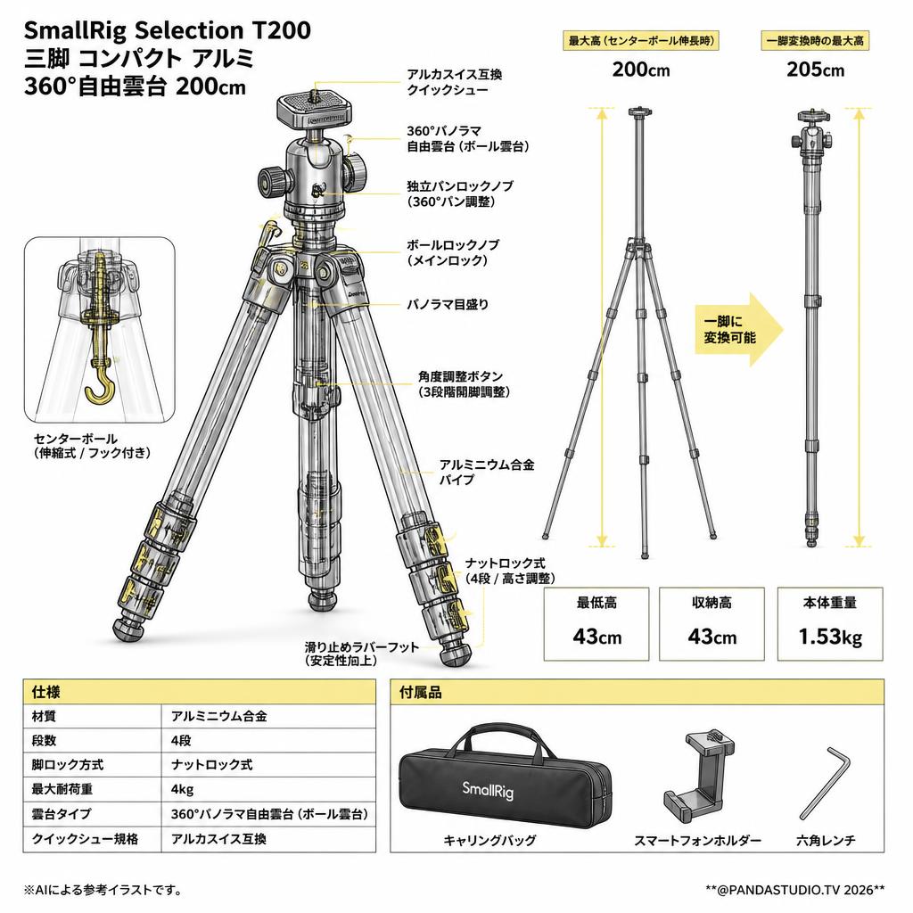 SmallRig Selection T200 三脚 コンパクト アルミ 360°自由雲台 200cm スペック