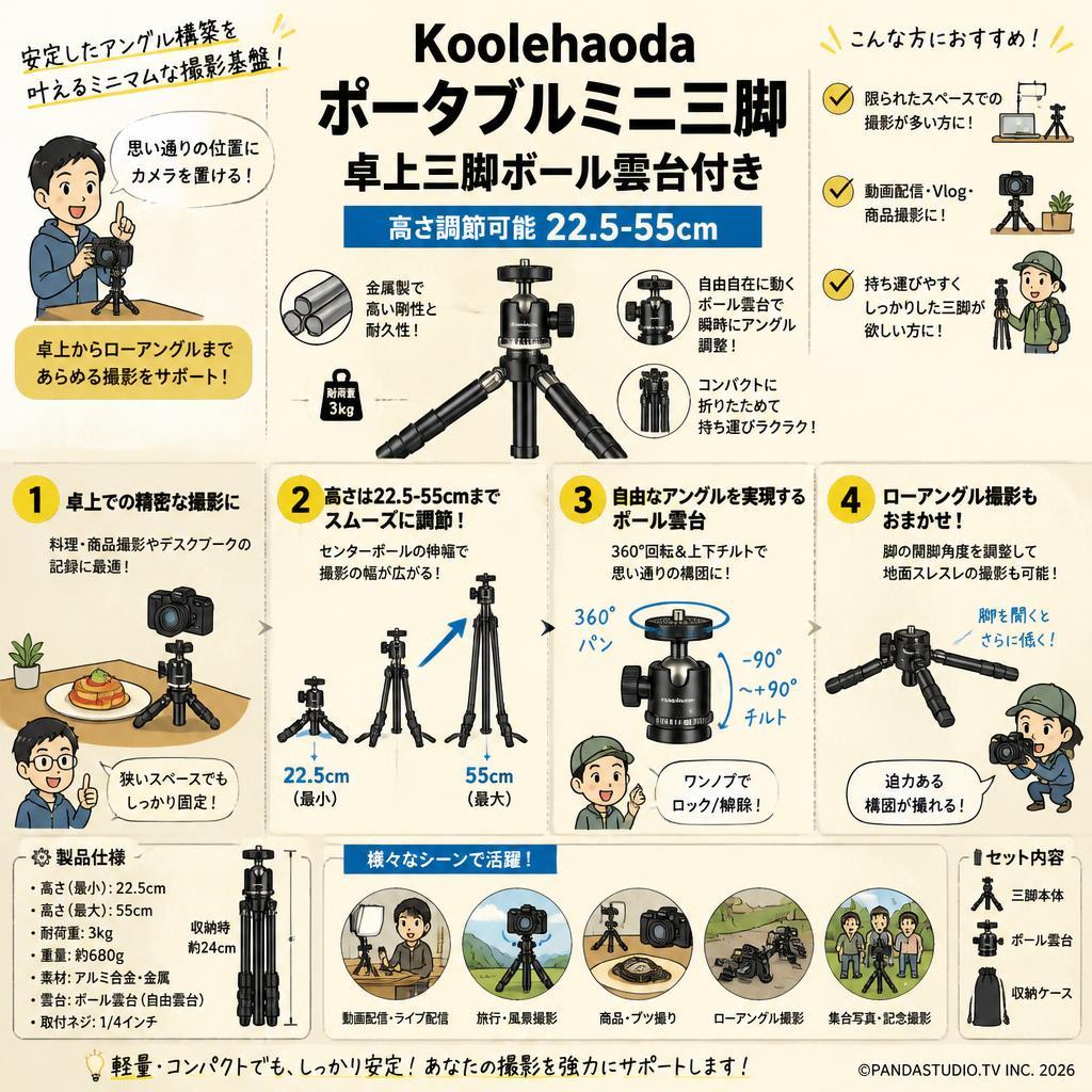Koolehaoda ポータブルミニ三脚卓上三脚ボール雲台付き【高さ調節可能22.5-55cm】 概要