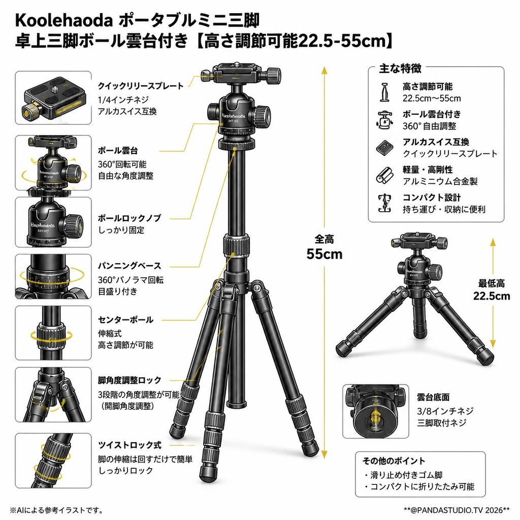 Koolehaoda ポータブルミニ三脚卓上三脚ボール雲台付き【高さ調節可能22.5-55cm】 スペック