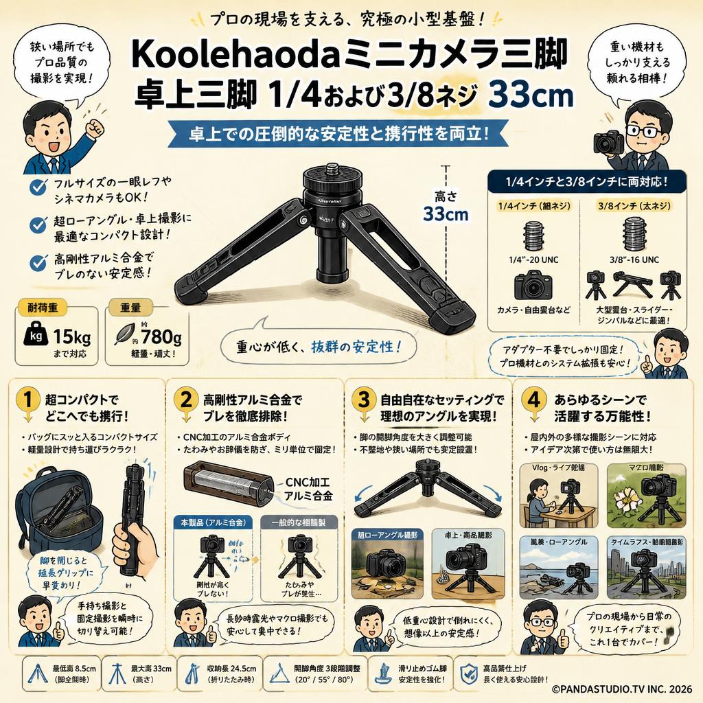 Koolehaodaミニカメラ三脚卓上三脚 1/4および3/8ネジ 33cm 概要