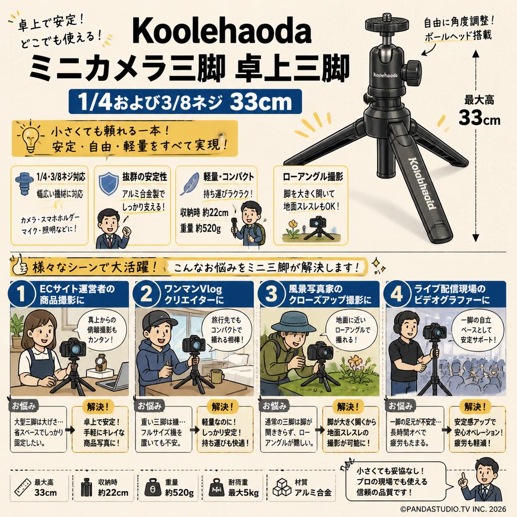 Koolehaodaミニカメラ三脚卓上三脚 1/4および3/8ネジ 33cm おもな対象のお客様