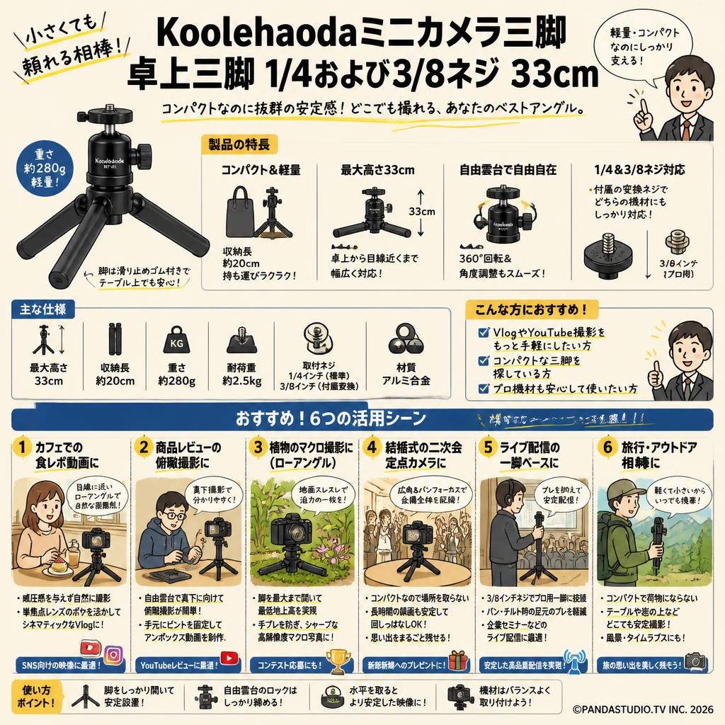 Koolehaodaミニカメラ三脚卓上三脚 1/4および3/8ネジ 33cm 用途