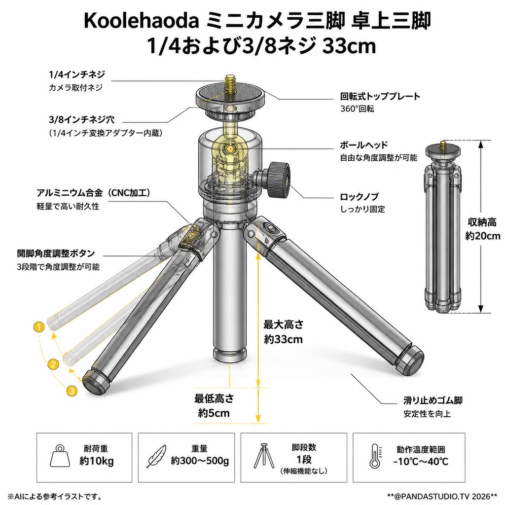 Koolehaodaミニカメラ三脚卓上三脚 1/4および3/8ネジ 33cm スペック