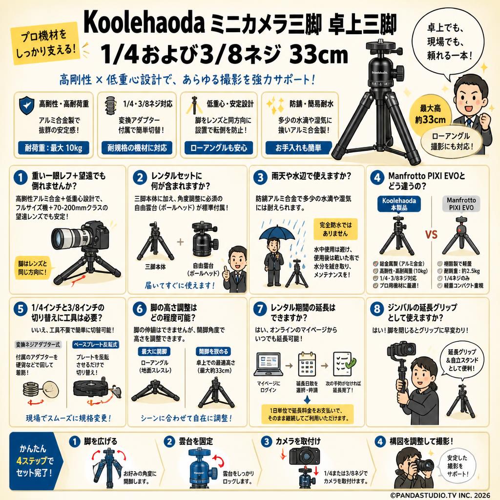 Koolehaodaミニカメラ三脚卓上三脚 1/4および3/8ネジ 33cm FAQ（よくある質問と答え）