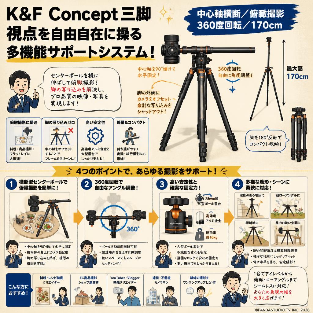 K&F Concept 三脚 カメラ 一眼レフ中心軸横断 俯瞰撮影 360度回転 170cm 概要