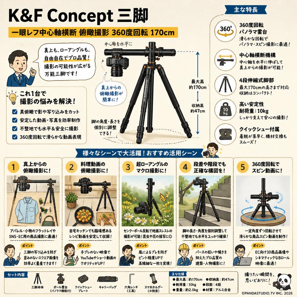 K&F Concept 三脚 カメラ 一眼レフ中心軸横断 俯瞰撮影 360度回転 170cm 用途