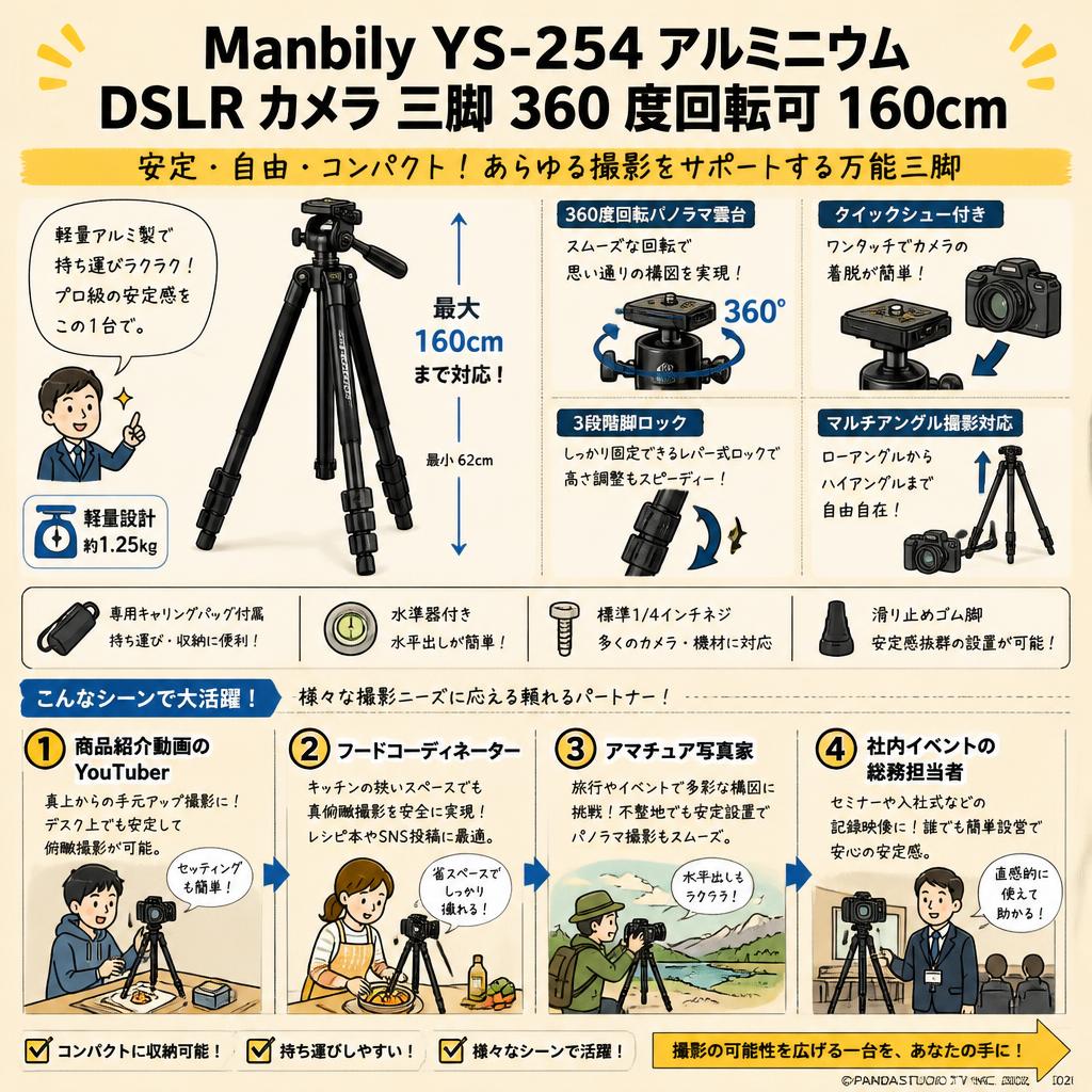 Manbily YS-254 アルミニウム DSLR カメラ 三脚 360 度回転可 160cm おもな対象のお客様