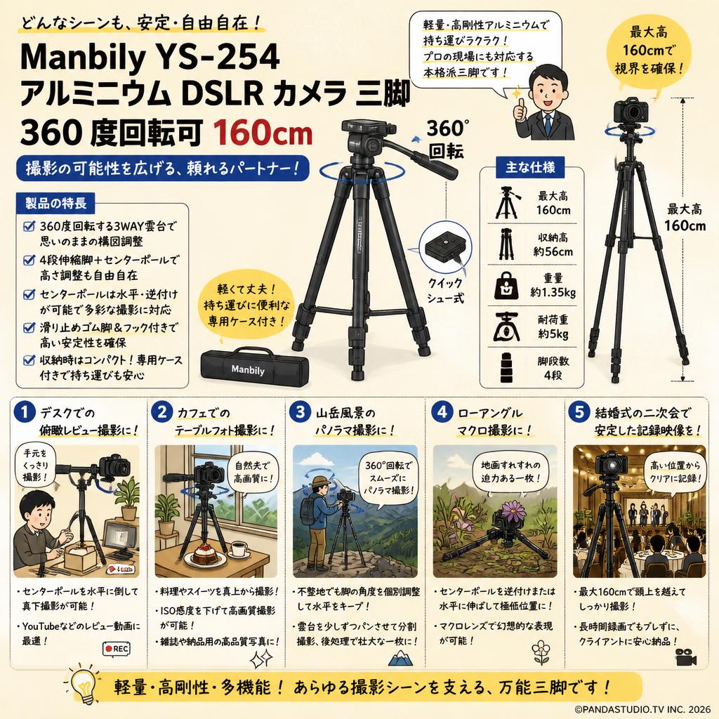 Manbily YS-254 アルミニウム DSLR カメラ 三脚 360 度回転可 160cm 用途