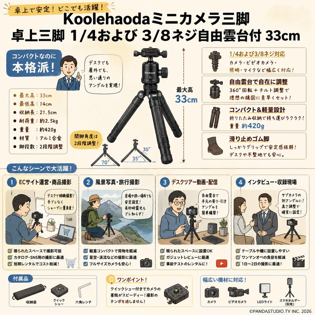 Koolehaodaミニカメラ三脚卓上三脚 1/4および3/8ネジ自由雲台付 33cm おもな対象のお客様