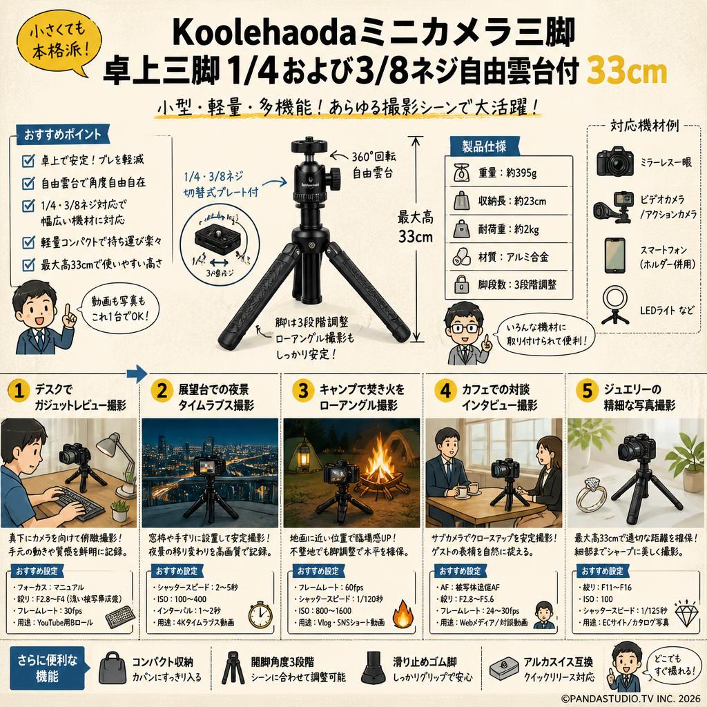 Koolehaodaミニカメラ三脚卓上三脚 1/4および3/8ネジ自由雲台付 33cm 用途