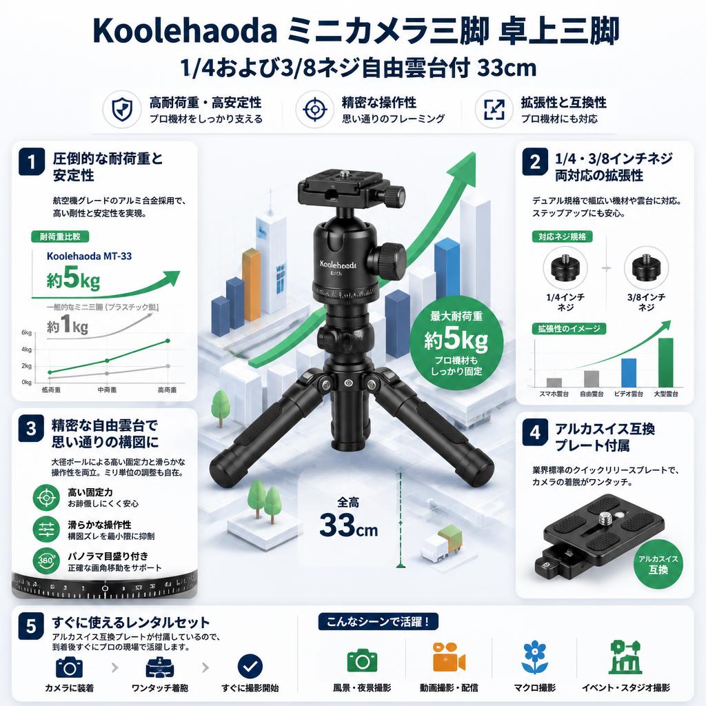Koolehaodaミニカメラ三脚卓上三脚 1/4および3/8ネジ自由雲台付 33cm セールスポイント