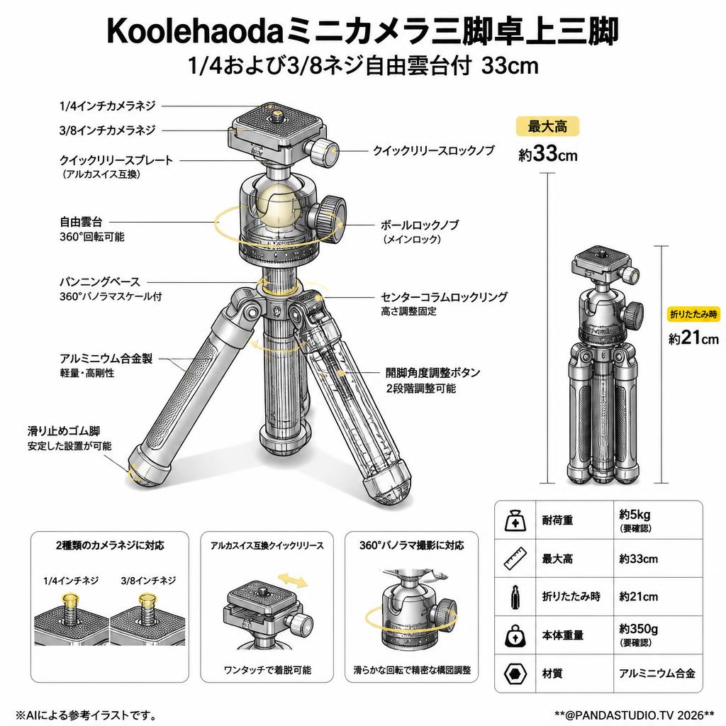 Koolehaodaミニカメラ三脚卓上三脚 1/4および3/8ネジ自由雲台付 33cm スペック