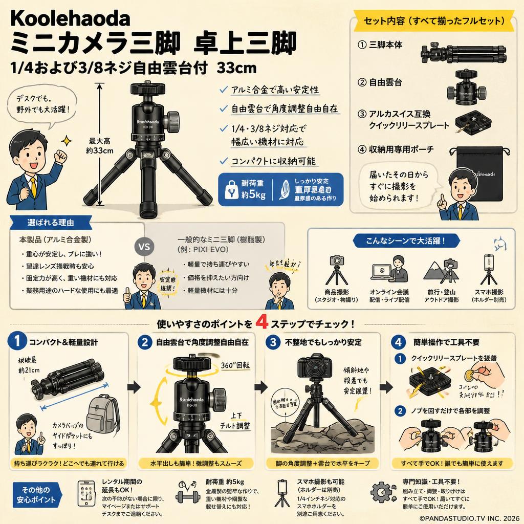 Koolehaodaミニカメラ三脚卓上三脚 1/4および3/8ネジ自由雲台付 33cm FAQ（よくある質問と答え）