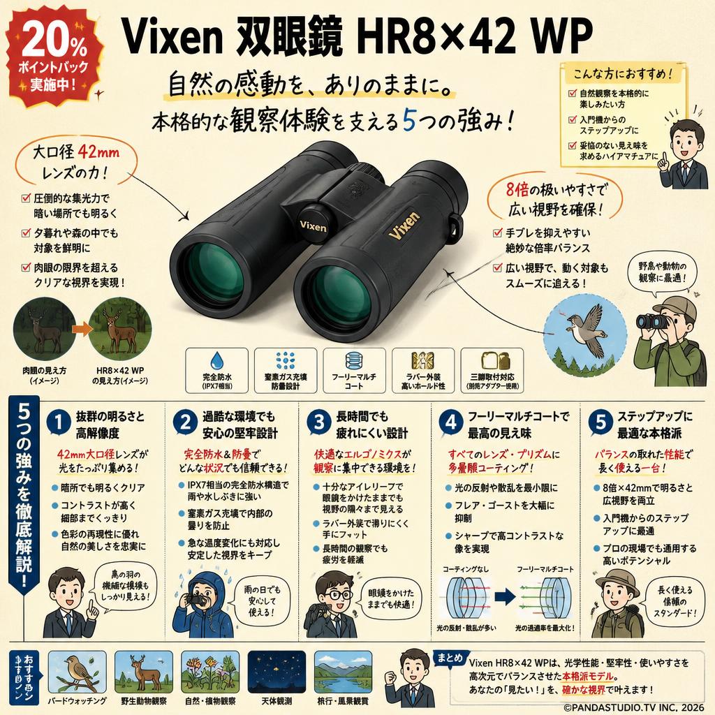 【20%ポイントバック実施中】Vixen 双眼鏡 HR8×42 WP 概要