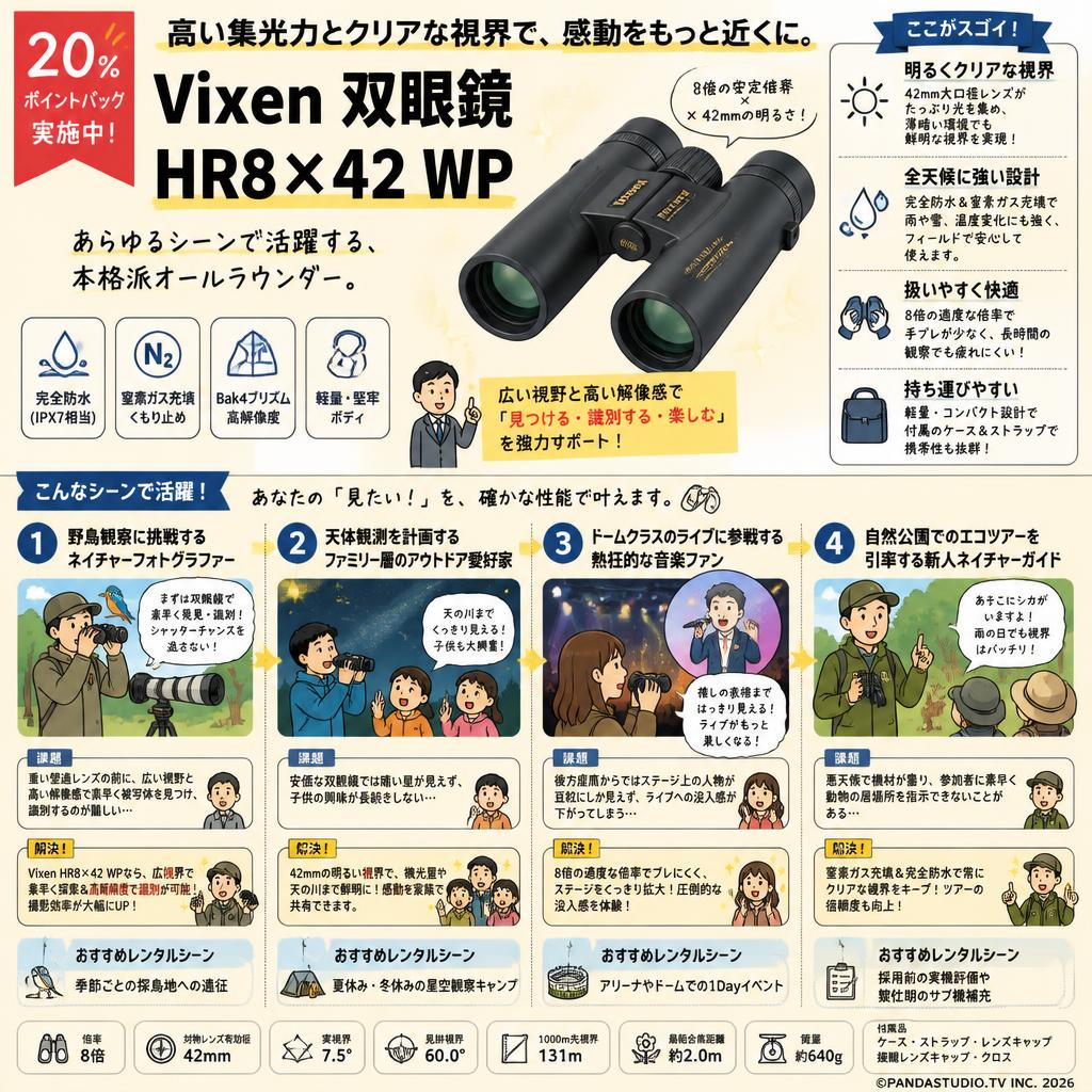 【20%ポイントバック実施中】Vixen 双眼鏡 HR8×42 WP おもな対象のお客様