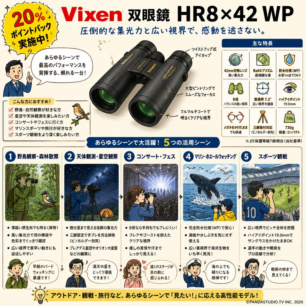 【20%ポイントバック実施中】Vixen 双眼鏡 HR8×42 WP 用途