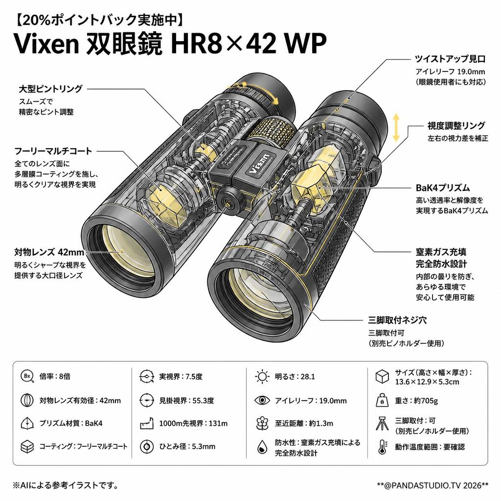 【20%ポイントバック実施中】Vixen 双眼鏡 HR8×42 WP スペック