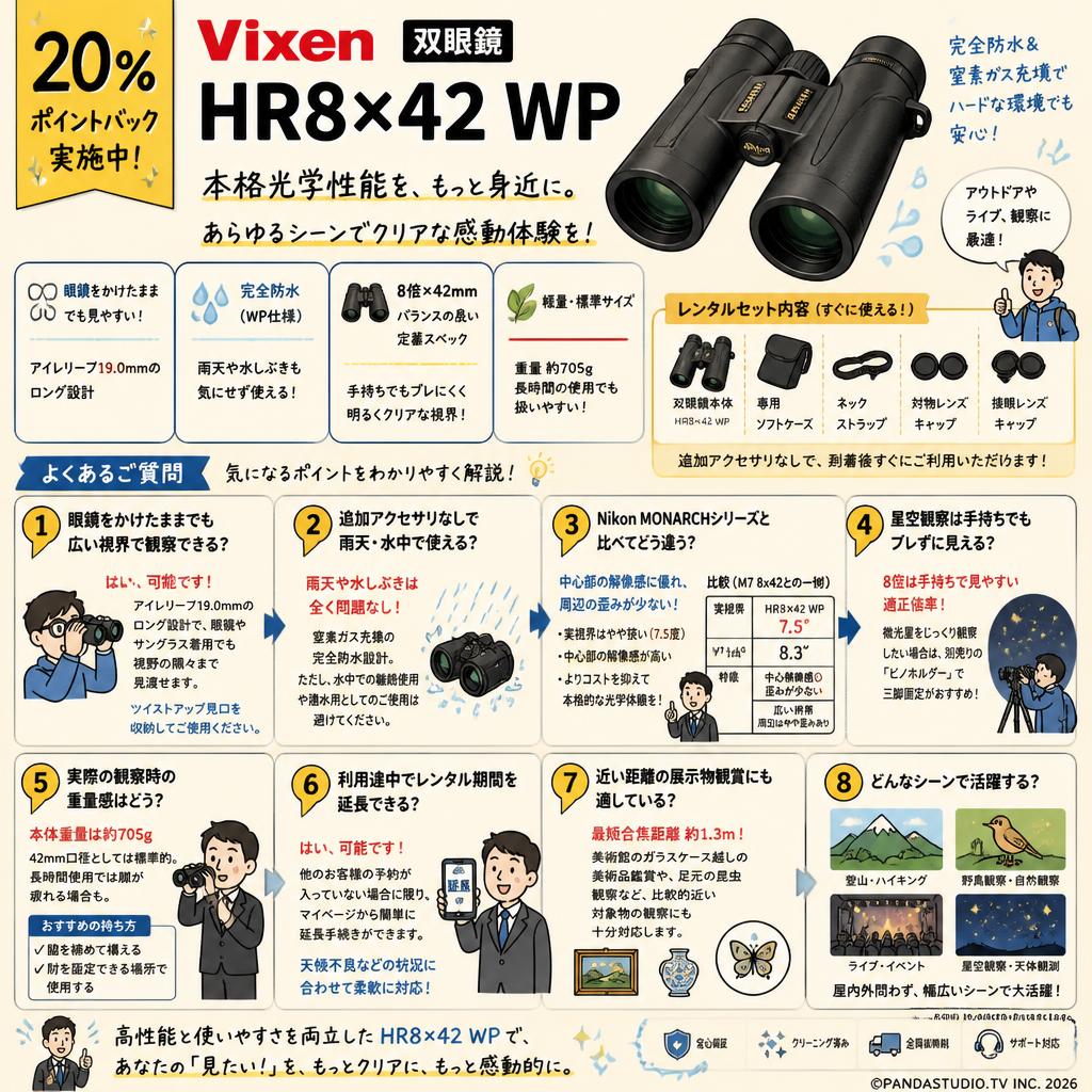 【20%ポイントバック実施中】Vixen 双眼鏡 HR8×42 WP FAQ（よくある質問と答え）