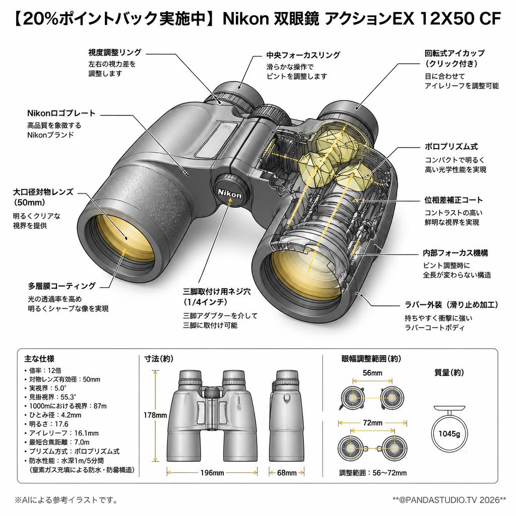 【20%ポイントバック実施中】Nikon 双眼鏡 アクションEX 12X50 CF スペック