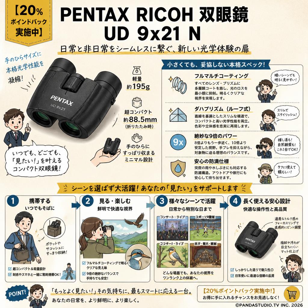 【20%ポイントバック実施中】PENTAX RICOH 双眼鏡 UD 9x21 N 概要